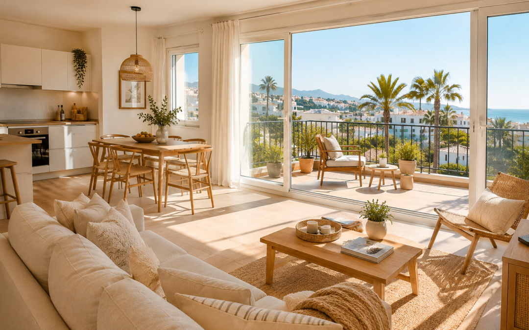 Bright and welcoming apartment on the Costa del Sol with modern Mediterranean interior, natural light, open-plan living area and terrace views.